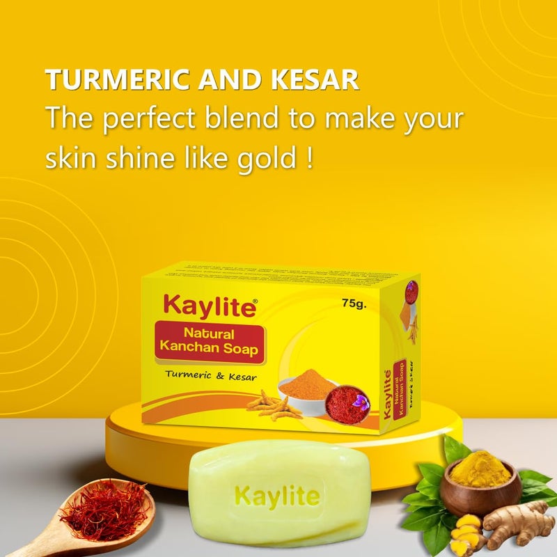 Kaylite Natural Kanchan Soap Turmeric and Kesar Soap, Smooth Skin,Deep Cleansing, Sensitive Skin Formula for Suitable for All Skin Types- Women & Men | 300 G (Pack of 4) - Image 3