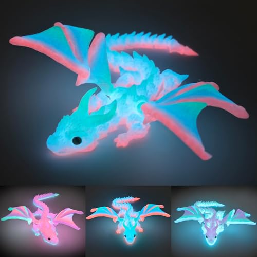 oyeftp 3D Printed Dragon with Wings 3D Printed Animals Toys Fidget Dragon Toys Dragon Glow in The Dark Flexible Articulated Winged Crystal Dragon Model Desktop Deco Stocking Easter Basket Stuffers - Image 1