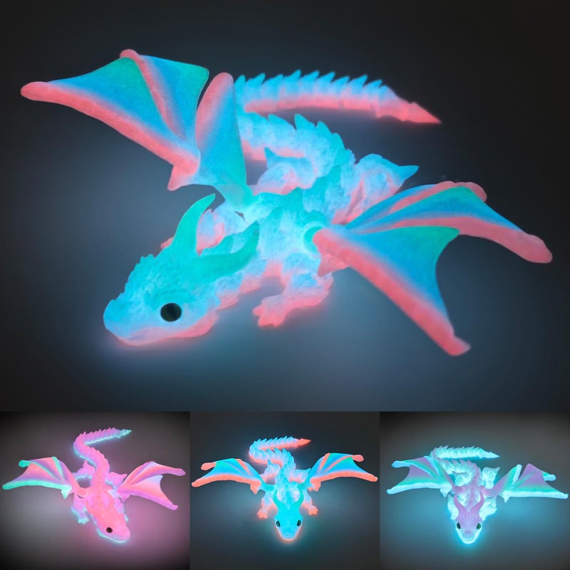 oyeftp 3D Printed Dragon with Wings 3D Printed Animals Toys Fidget Dragon Toys Dragon Glow in The Dark Flexible Articulated Winged Crystal Dragon Model Desktop Deco Stocking Easter Basket Stuffers - Image 3