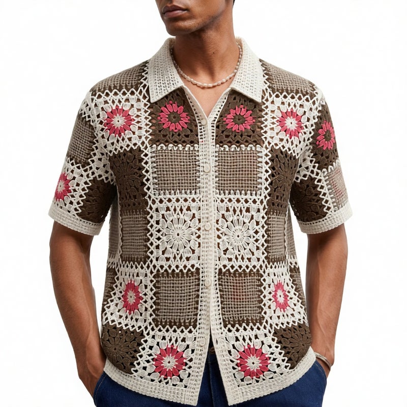 Men's Geometric Hollow Knit Short Sleeve Cardigan Polo Shirt
