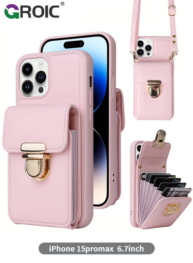 GROIC Compatible with iPhone 15 Pro Max 6.7 Inch Phone Case with Leather Cross-Body Strap and Flip Button Wallet Holder Case, PU Detachable Crossbody Lanyard Strap Flip Card Cover for iPhone 15 Max - Image 1