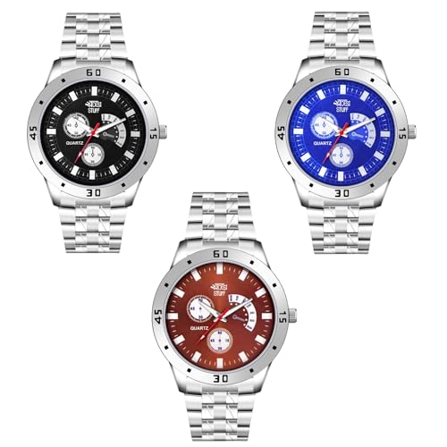 SWADESI STUFF Men's Quartz Analogue Watch, Stainless Steel, 35mm Case, Blue/Black/White Dial Combo of 3 Watches (Black Blue Orange) - Image 1