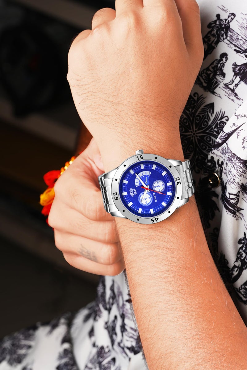 SWADESI STUFF Men's Quartz Analogue Watch, Stainless Steel, 35mm Case, Blue/Black/White Dial Combo of 3 Watches (Black Blue Orange) - Image 4