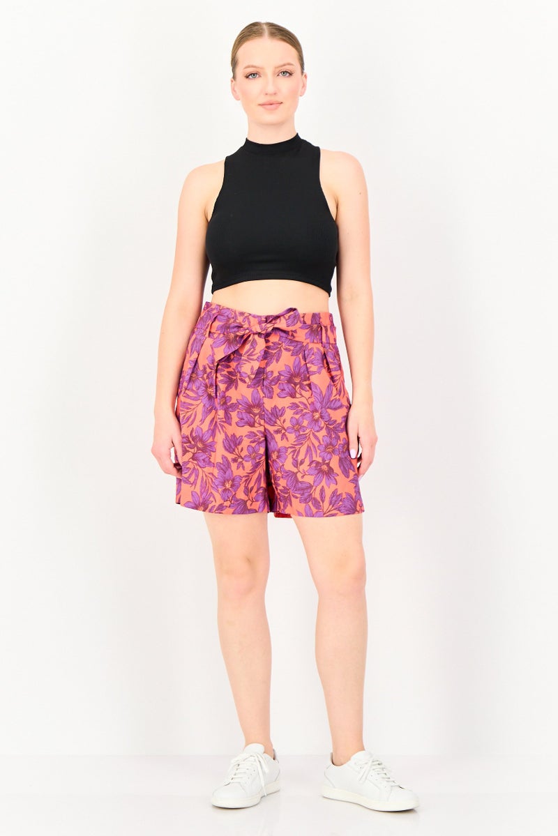 promod Women Floral Pattern Belted Basic Shorts, Multicolor - Image 4