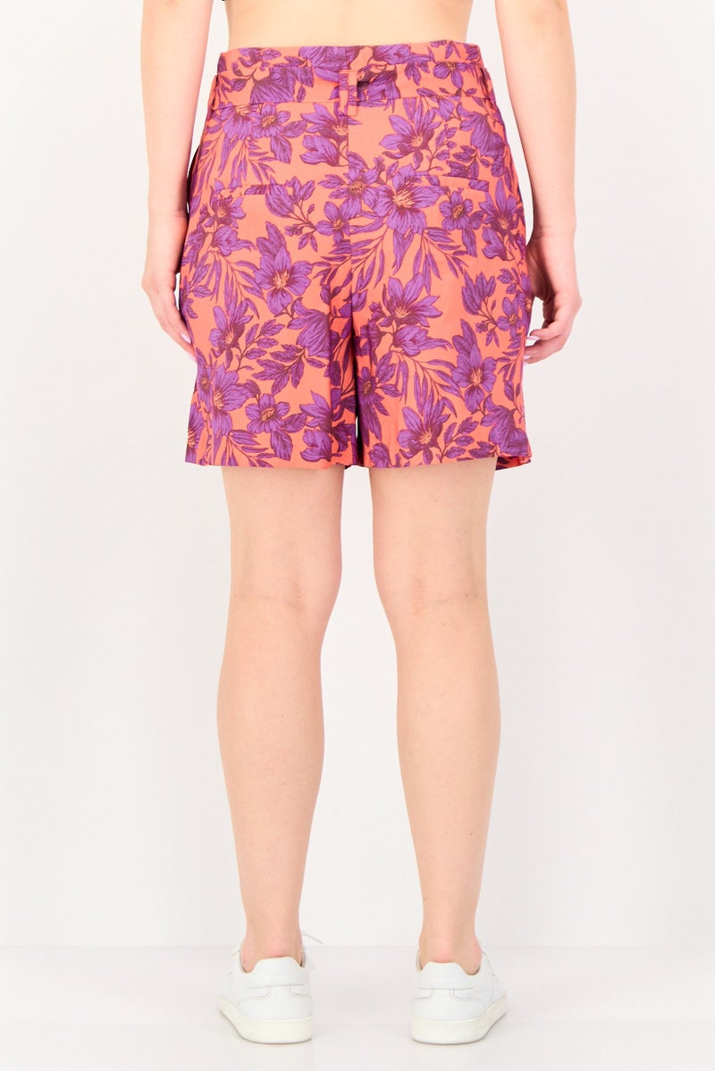 promod Women Floral Pattern Belted Basic Shorts, Multicolor - Image 2