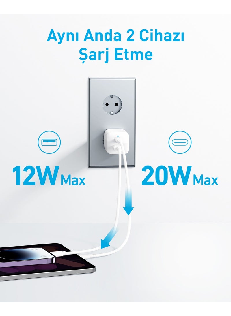 323 33W USB-C + USB-A Fast Charger - (USB-C PD 20W + USB-A 12W) Type-C Fast Charging Adapter Compatible with iPhone & Android - A2331 - White ( Turkey Guaranteed)