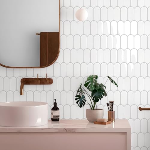 Vamos Tile بلاط فاموس المحدث بتصميم أكثر سمكًا، بلاط خلفية لاصق وقابل للتقشير، 10 أوراق باللون الأبيض مع جص رمادي، بلاط حائط فينيل ذاتي اللصق، لاصق على خلفية للمطبخ، الحمام، المركبات الترفيهية. - Image 3