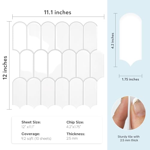 Vamos Tile بلاط فاموس المحدث بتصميم أكثر سمكًا، بلاط خلفية لاصق وقابل للتقشير، 10 أوراق باللون الأبيض مع جص رمادي، بلاط حائط فينيل ذاتي اللصق، لاصق على خلفية للمطبخ، الحمام، المركبات الترفيهية. - Image 2