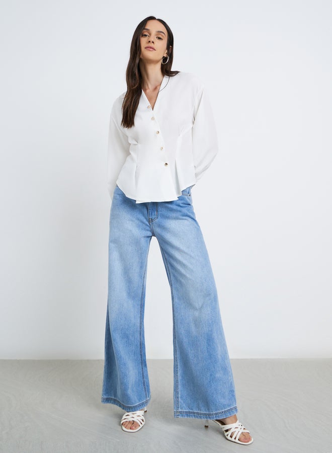 Styli Women White Asymmetrical V Neck Button-Up Shirt - Image 2