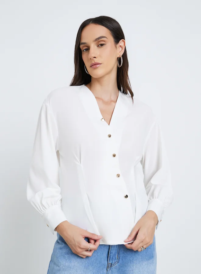 Styli Styli Women White Asymmetrical V Neck Button-Up Shirt