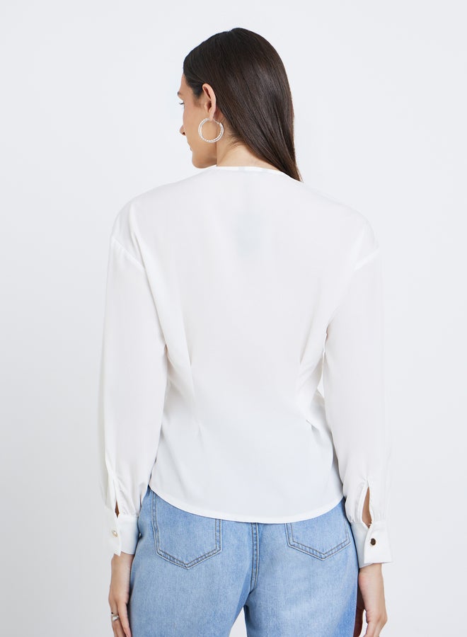 Styli Women White Asymmetrical V Neck Button-Up Shirt - Image 5