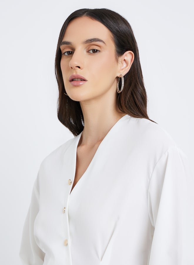 Styli Women White Asymmetrical V Neck Button-Up Shirt - Image 4