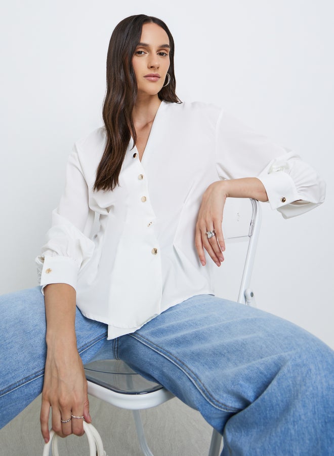 Styli Women White Asymmetrical V Neck Button-Up Shirt - Image 1