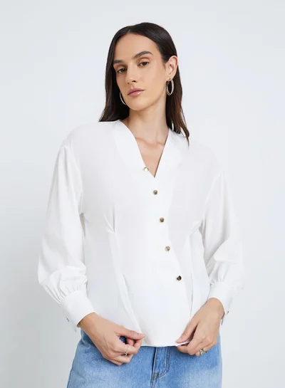 Styli Women White Asymmetrical V Neck Button-Up Shirt