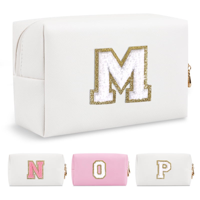 ChaoGreat حقيبة مكياج صغيرة مخصصة من A-Z Preppy Patch باللون الأبيض من مادة Pu Chenille حقيبة مستحضرات التجميل للسفر مع سحاب حقيبة أدوات الزينة اللطيفة هدية مثالية للفتيات المراهقات والنساء المعلمات ووصيفة العروس حرف M - Image 1