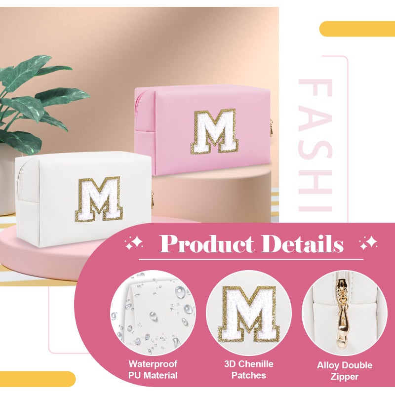 ChaoGreat حقيبة مكياج صغيرة مخصصة من A-Z Preppy Patch باللون الأبيض من مادة Pu Chenille حقيبة مستحضرات التجميل للسفر مع سحاب حقيبة أدوات الزينة اللطيفة هدية مثالية للفتيات المراهقات والنساء المعلمات ووصيفة العروس حرف M - Image 3