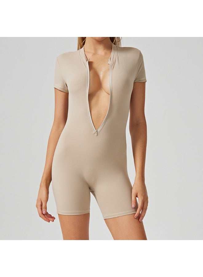 Sports Zipper one-piece Yoga set Short Sleeve Women's High Waist Slim Fit Hips High Elasticity Skinny Running Fitness jumpsuit - Image 1
