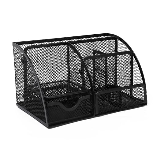 Neomate Metal Mesh Pen and Pencil Organizer | 6-Compartment Stationery Storage Box for Home & Office Accessories - Image 1