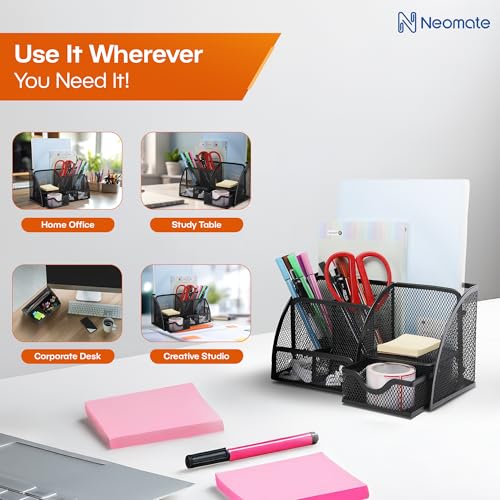 Neomate Metal Mesh Pen and Pencil Organizer | 6-Compartment Stationery Storage Box for Home & Office Accessories - Image 4