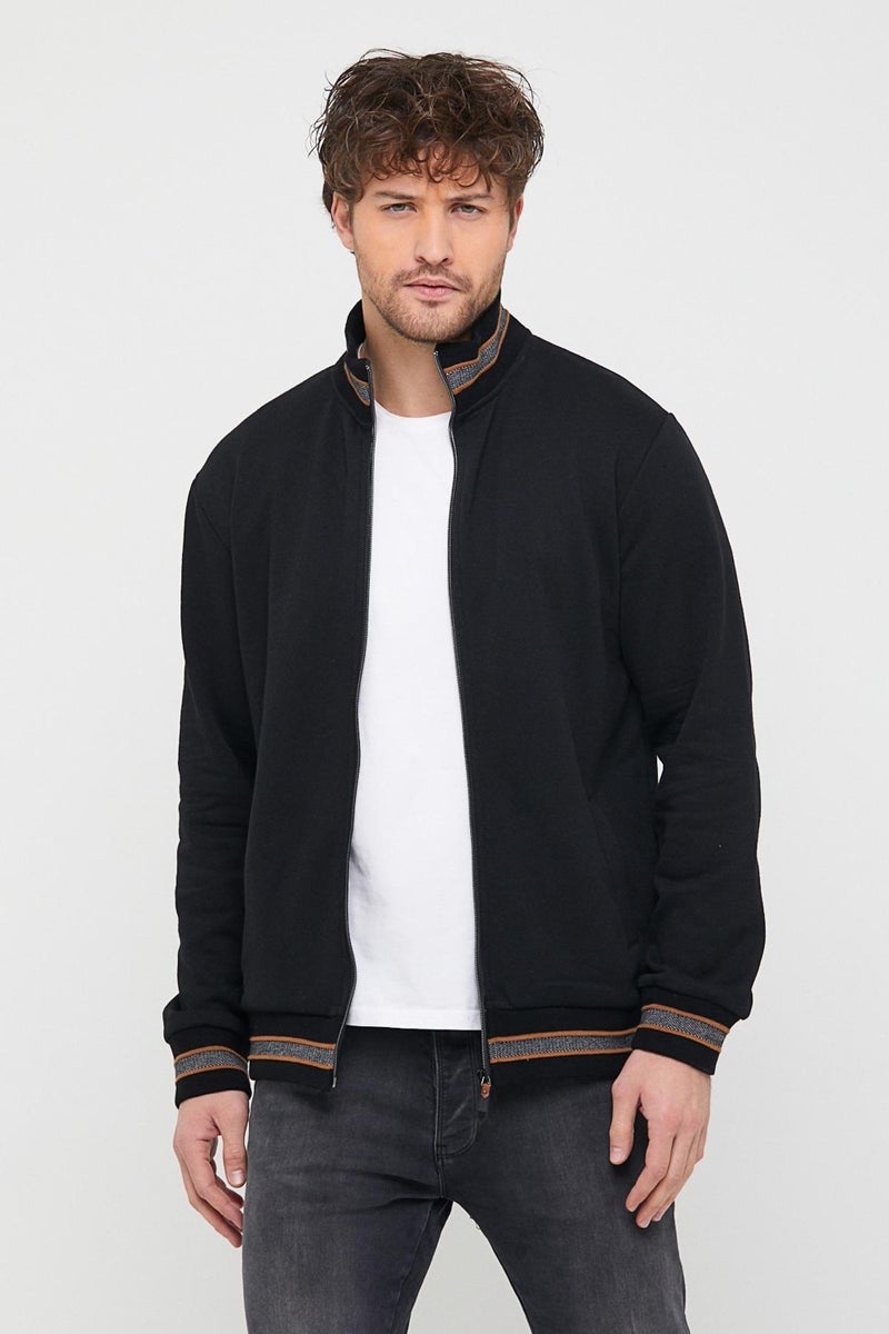 mmetalic Metalic Men's Black Regular Fit Stand Collar Zippered Long Sleeve Cardigan  - Image 1