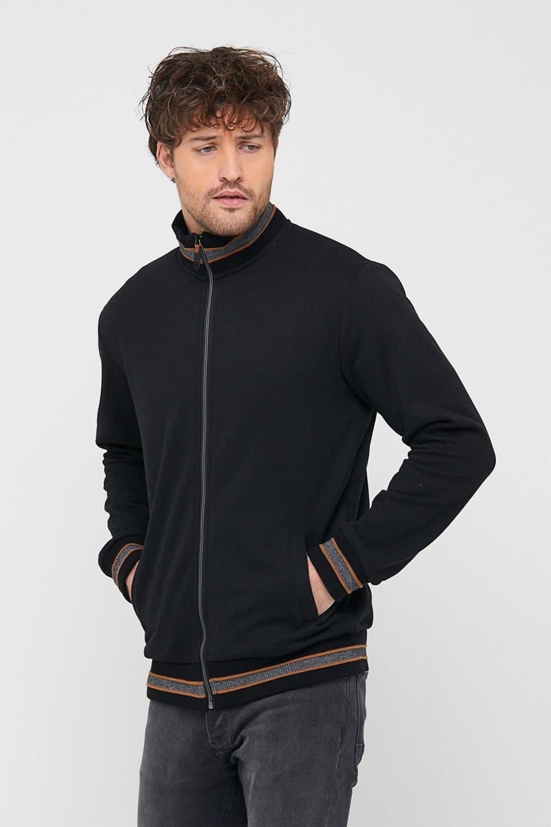 mmetalic Metalic Men's Black Regular Fit Stand Collar Zippered Long Sleeve Cardigan  - Image 3