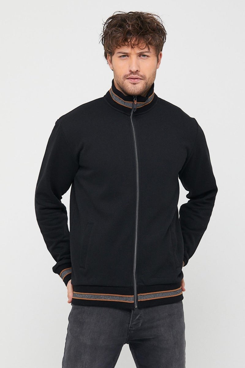 mmetalic Metalic Men's Black Regular Fit Stand Collar Zippered Long Sleeve Cardigan  - Image 2