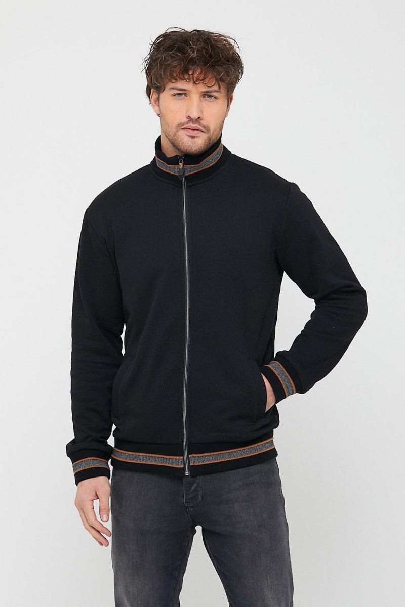 mmetalic Metalic Men's Black Regular Fit Stand Collar Zippered Long Sleeve Cardigan  - Image 4