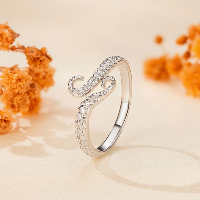 BISAER 925 Sterling Silver Octopus Open Ring Adjustable Rings for Women Personalized Finger Ring Aesthetic Dainty Jewelry Gift for Women - Image 4
