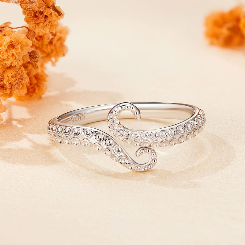 BISAER 925 Sterling Silver Octopus Open Ring Adjustable Rings for Women Personalized Finger Ring Aesthetic Dainty Jewelry Gift for Women - Image 5