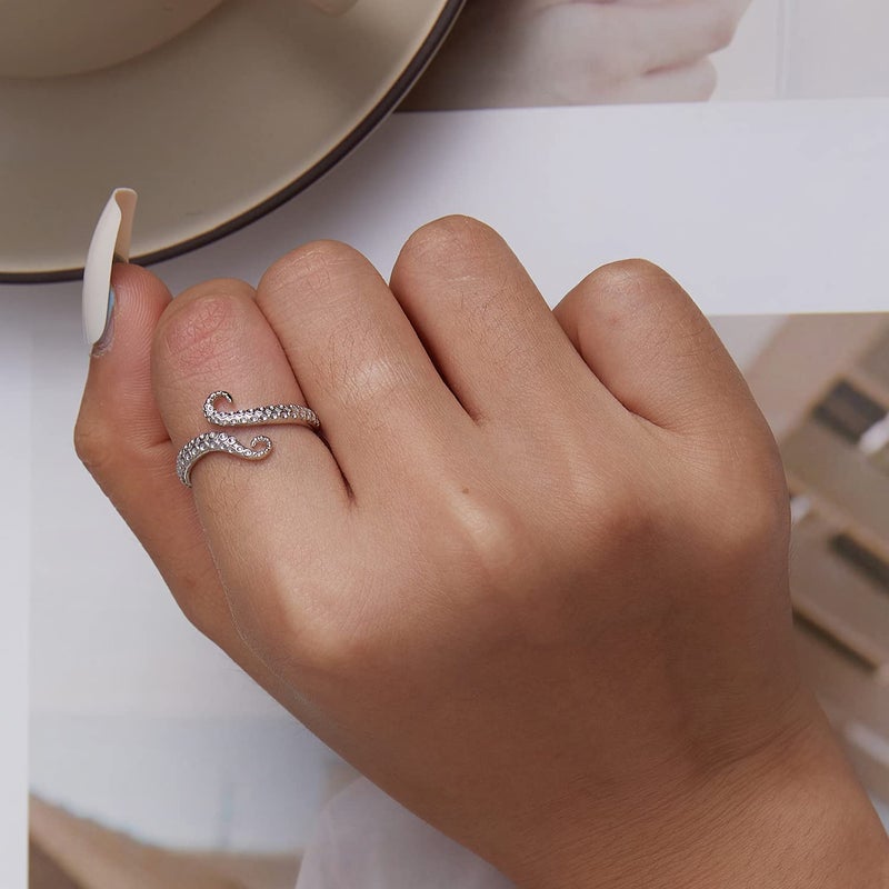 BISAER 925 Sterling Silver Octopus Open Ring Adjustable Rings for Women Personalized Finger Ring Aesthetic Dainty Jewelry Gift for Women - Image 2