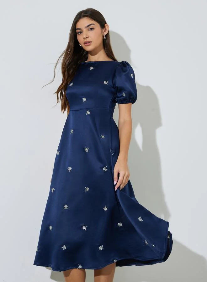Styli Navy Blue Floral Embroidery Puff Sleeves Satin Midi Dress