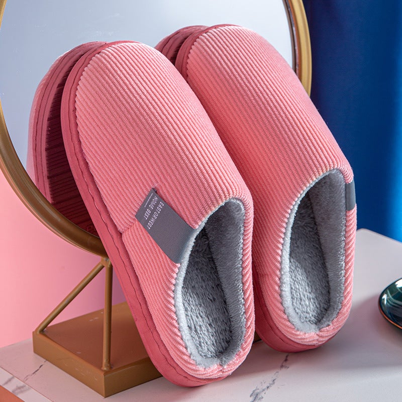Winter Vertical Corduroy Home Warm Slippers Mens Couple Indoor Wooden Floor Slip-resistant Slippers Womens Outer Wear Slippers Lady Pink