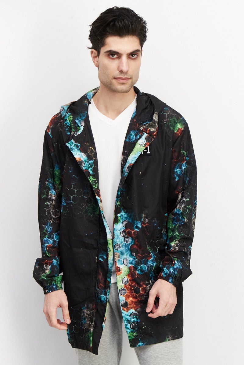 KA-1 Men Allover Print Windbreaker Hooded Jacket, Black Combo  - Image 1