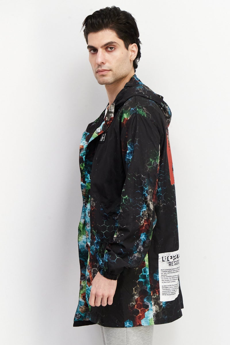 KA-1 Men Allover Print Windbreaker Hooded Jacket, Black Combo  - Image 2