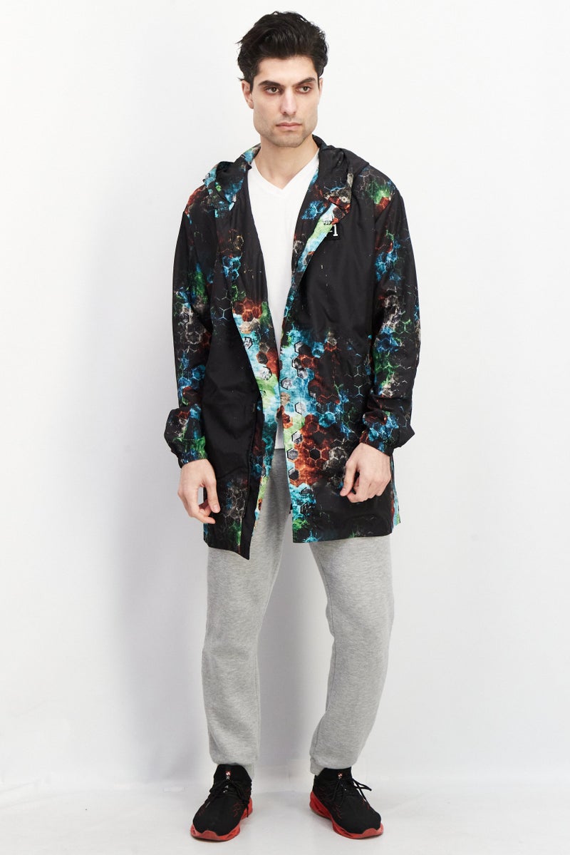 KA-1 Men Allover Print Windbreaker Hooded Jacket, Black Combo  - Image 3
