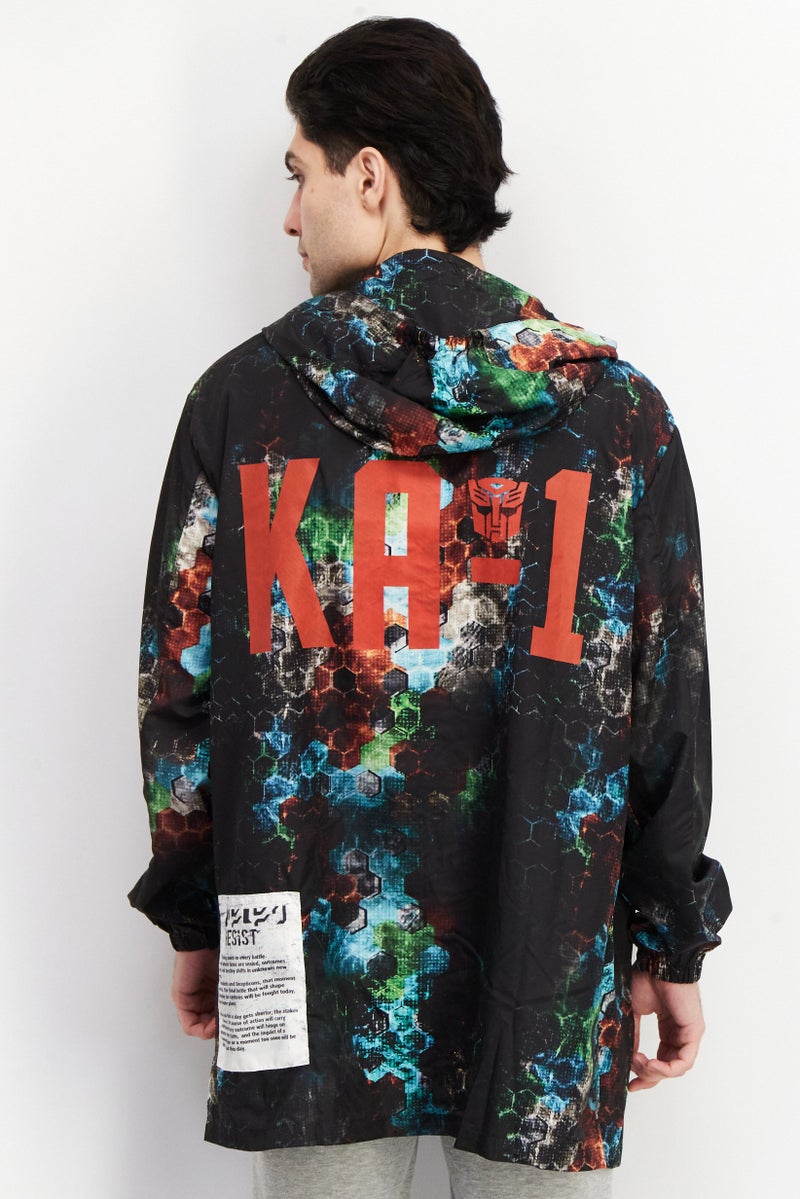 KA-1 Men Allover Print Windbreaker Hooded Jacket, Black Combo  - Image 4