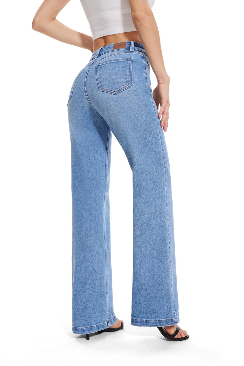 FLYING BANANA Women's High Waisted Wide Leg Baggy Stretch Denim Jeans (Medium Blue, 12) - Image 2