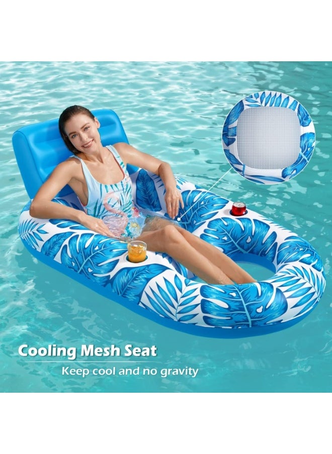 Inflatable Pool Float Adult - Pool Floaties Lounger Floats Rafts Floating Chair Floats Water Floaty for Swimming Pool Lake Lounge Float with Cup Holders Beach Pool Party Toys for Adults Blue