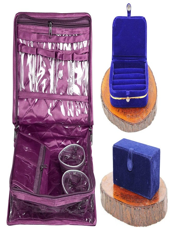 LUCES Combo Purple 2 Bangle Chain Necklace Jewelry Pouch with Blue Ring Earring Box Satin Wardrobe Organizer Jewellery Vanity Box - Image 1
