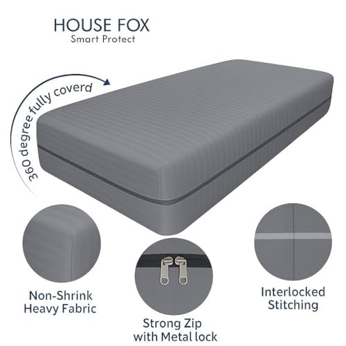 House Fox 5x6 Cotton Mattress Cover Queen Bed (78x60x6 inch) with Zipper| Non-Shrink Heavy Fabric | Strong Zip with Metal Lock | Interlocked Stitching | 360 Degree Fully Covered - Image 4