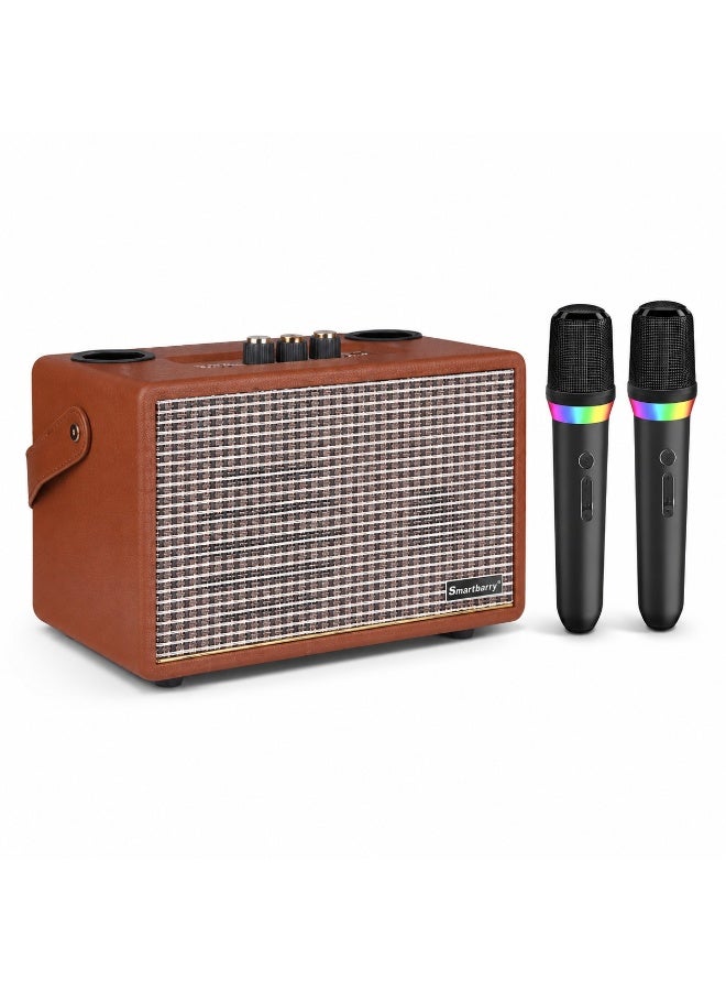 Smartbarry M91 Wireless Karaoke Speaker with 2 Wireless Microphones, Portable Bluetooth Party Speaker, Brown Retro Design, USB & AUX Playback, Rechargeable Speaker for Home & Outdoor Entertainment - Image 1