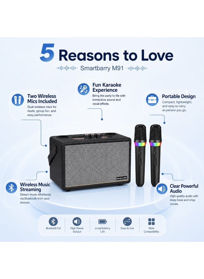 Smartbarry M91 Wireless Karaoke Speaker with 2 Wireless Microphones, Portable Bluetooth Party Speaker, Brown Retro Design, USB & AUX Playback, Rechargeable Speaker for Home & Outdoor Entertainment - Image 2