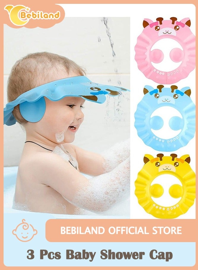 Bebiland 3 Pcs Baby Shower Cap, Adjustable Shampoo Visor Bath Hat, Infants Soft Protection Safety, Protect Ear Eye Baby Hair Washing Aids for Baby Toddler Children Kids (Blue Pink Yellow) - Image 1