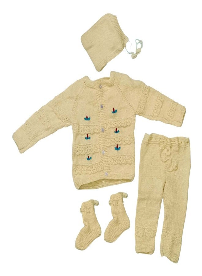 Cute Collection Hand Knitted New Born Baby Woolen Sweater with Pyjami Cap and Pair of Booties 6 to 12 Months Baby Boys and Girls Yellow Color - Image 1
