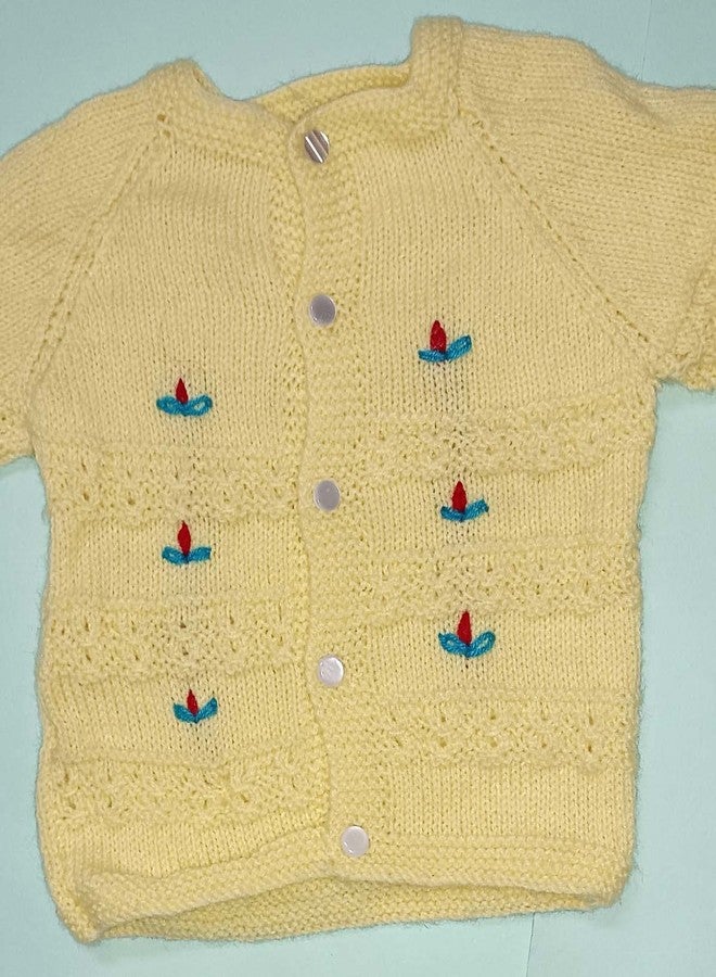Cute Collection Hand Knitted New Born Baby Woolen Sweater with Pyjami Cap and Pair of Booties 6 to 12 Months Baby Boys and Girls Yellow Color - Image 3