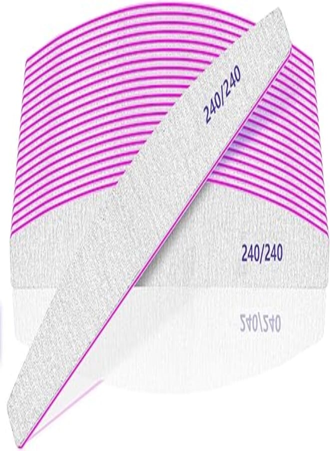 BLESWIN 12pcs Professional Nail Files, 100/180/240 Grit Nail Files for Natural, Acrylic & Thick Nails, Double-Sided, Washable & Reusable, Silver & Purple