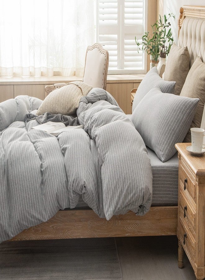PURE ERA Jersey Knit Duvet Cover Set 100% T-Shirt Heather Cotton Super Soft Comfy Classic Striped Design, with Zipper Closure, Grey & White Pintripe, King - Image 2