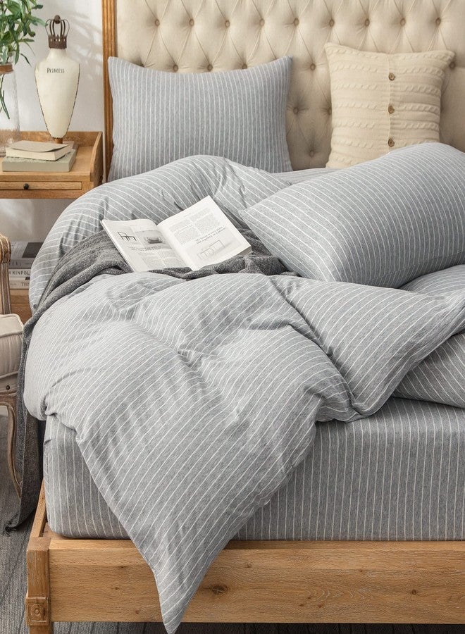 PURE ERA Jersey Knit Duvet Cover Set 100% T-Shirt Heather Cotton Super Soft Comfy Classic Striped Design, with Zipper Closure, Grey & White Pintripe, King - Image 1