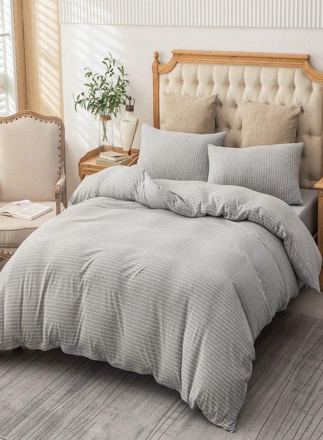 PURE ERA Jersey Knit Duvet Cover Set 100% T-Shirt Heather Cotton Super Soft Comfy Classic Striped Design, with Zipper Closure, Grey & White Pintripe, King - Image 5