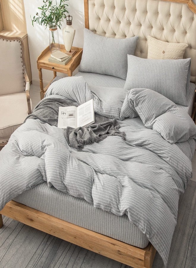 PURE ERA Jersey Knit Duvet Cover Set 100% T-Shirt Heather Cotton Super Soft Comfy Classic Striped Design, with Zipper Closure, Grey & White Pintripe, King - Image 4